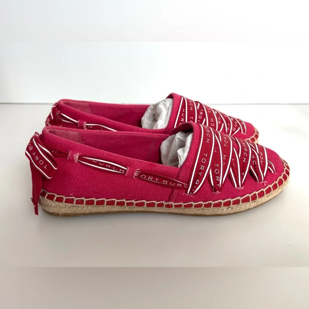 Tory Burch Grosgrains Crisscross Logo Ribbon Espadrilles Flats Red Size 5.5